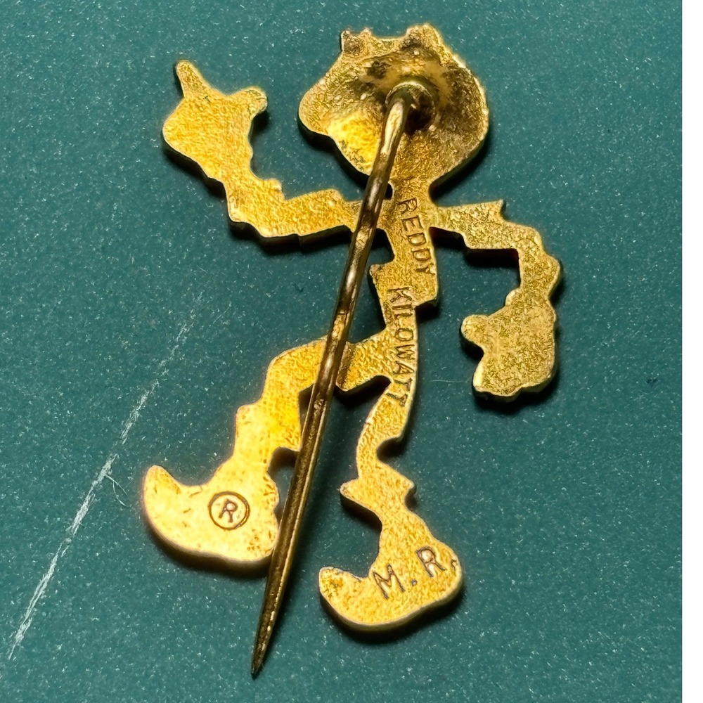 Vintage Reddy Kilowatt Lapel Pin Gold Tone Enamel Electric Mascot 1940s - 50s - Picture 2 of 3